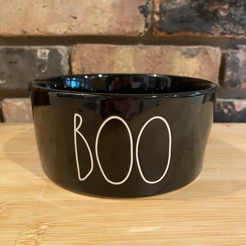 Rae Dunn Halloween Black BOO Pumpkin Pet Bowl BRAND NEW!!